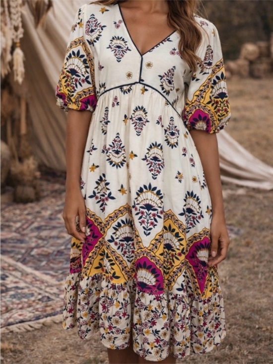 fig and flower Dresses & Skirts - Fig & Flower NWT size Small Pippa Midi Dress Linen Blend Boho Puff Sleeves